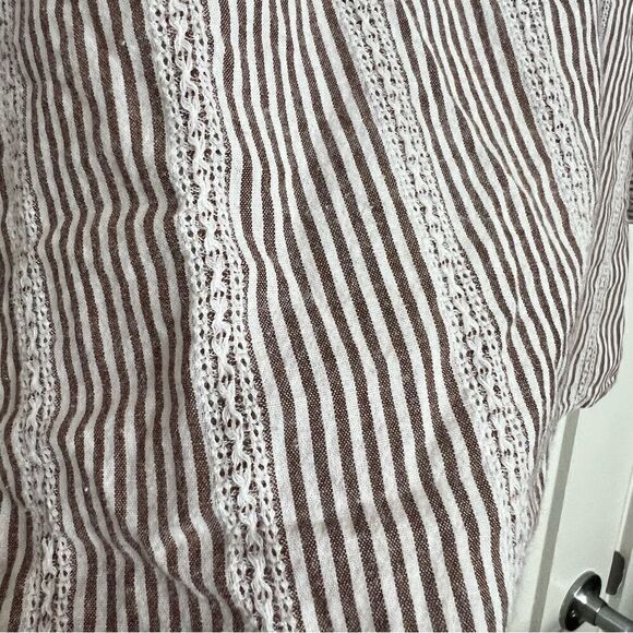 Anne Klein Womens Shirt Blouse Large Brown White Button Front Stripe Tie Sleeve - Picture 7 of 12